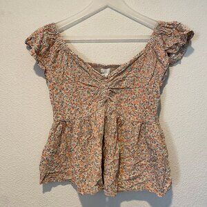 Japna Babydoll Floral Top Y2K Style Viscose Size M Ruched Blouse